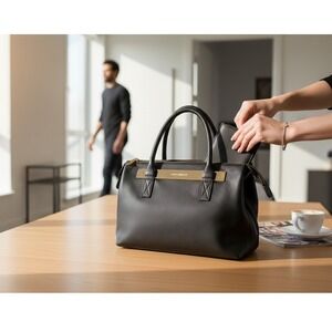 Vince Camuto Black Leather Satchel Large Gold Logo Top Handle Bag Pebbled Corp